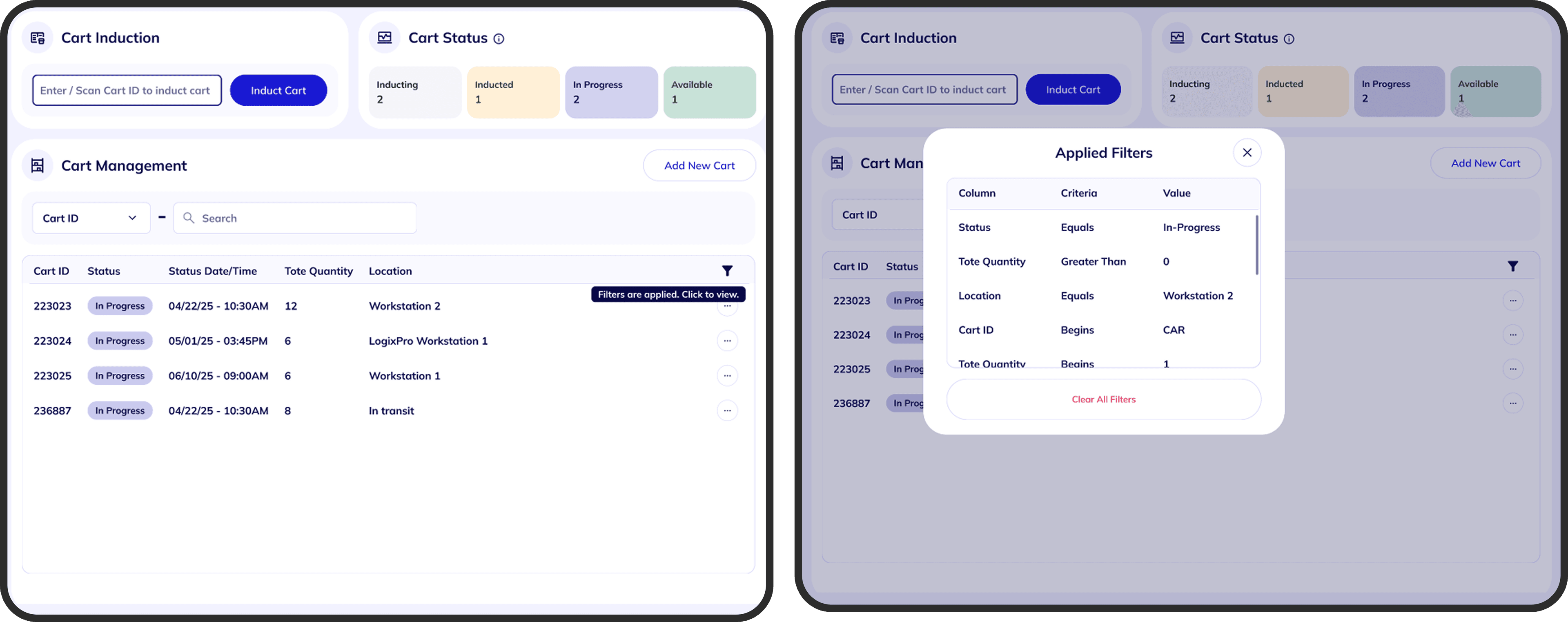 Tooltip and popup behavior showing applied filter details on hover and click