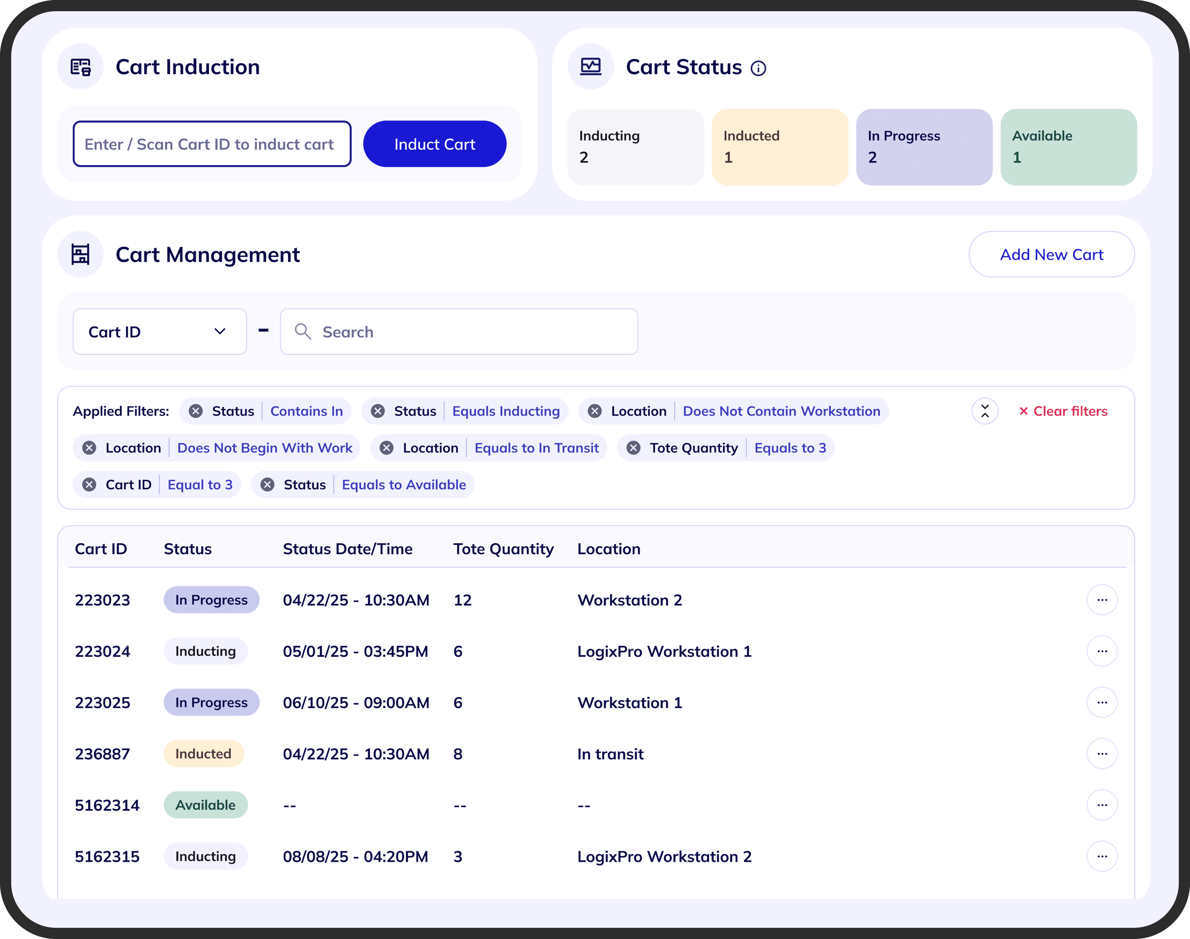 Final integrated UI showing filter chips surfaced inline above the data table