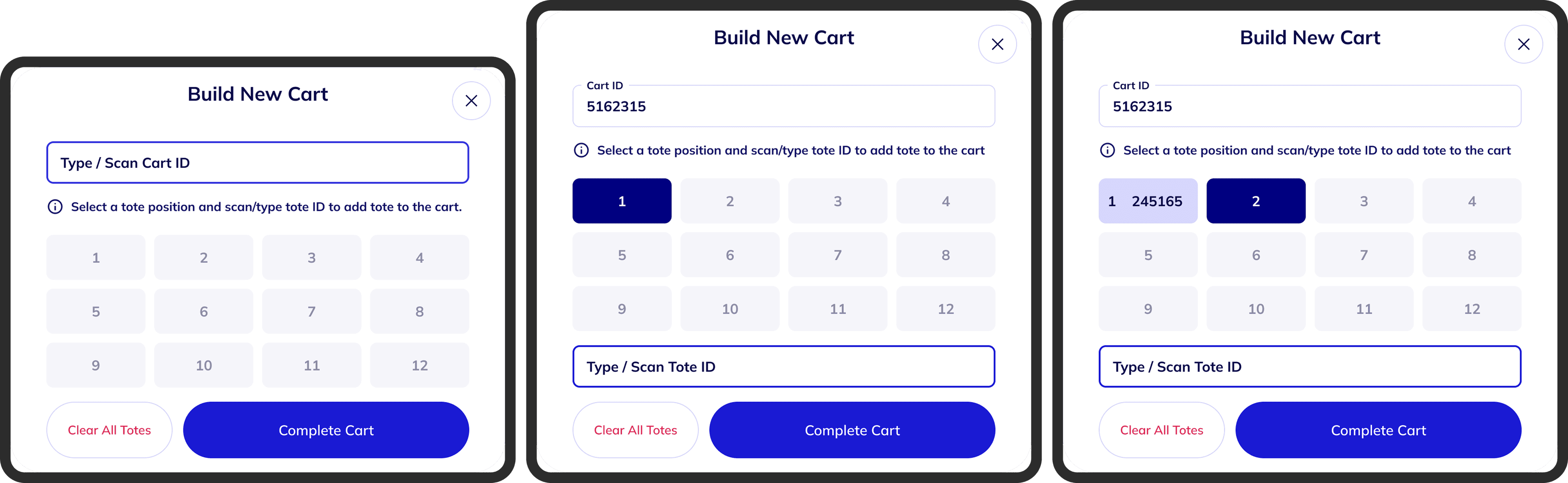 Three-step Build New Cart modal flow: scan cart ID, select a tote position, then scan tote ID to complete induction