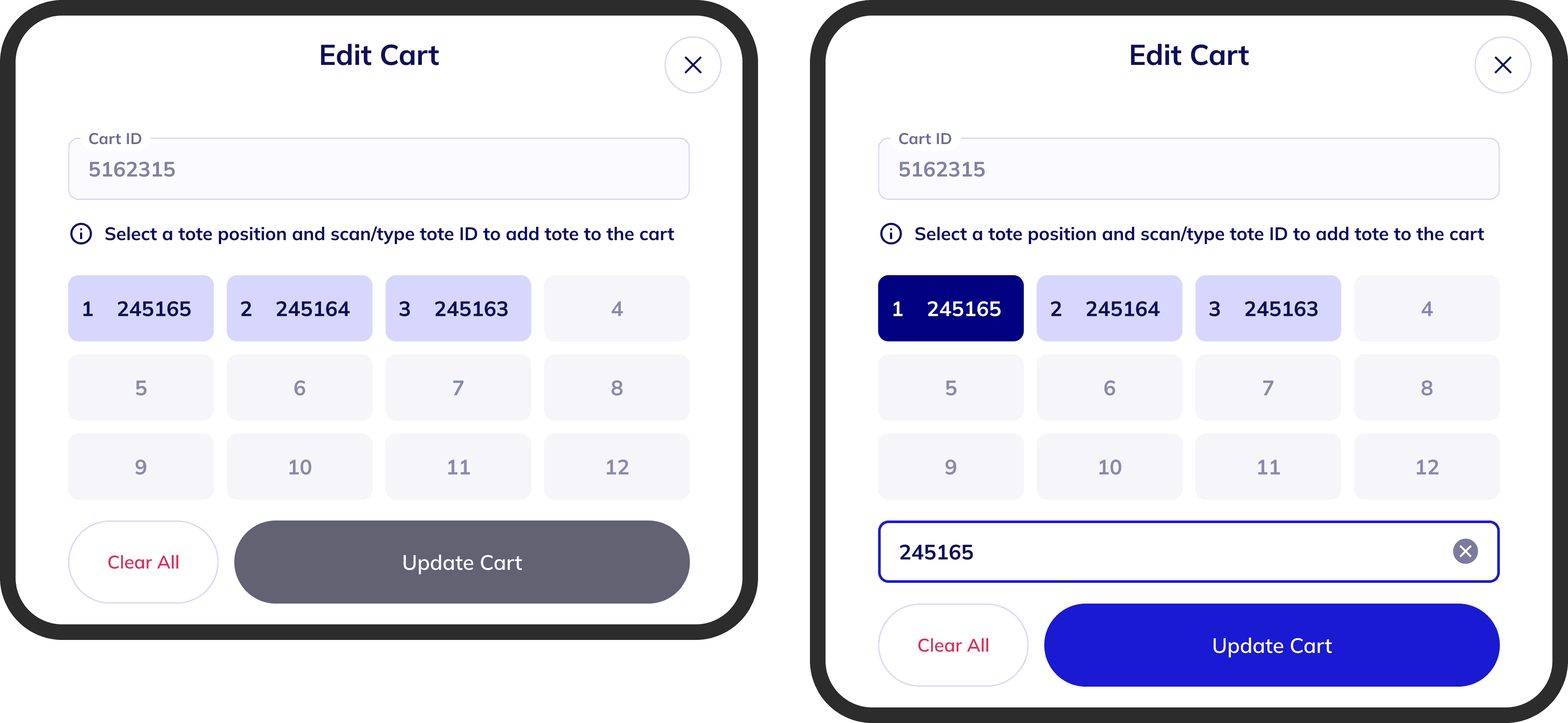 Edit Cart modal before and after: original design with a greyed-out Update Cart button vs. improved design with active tote highlighted and inline scan field