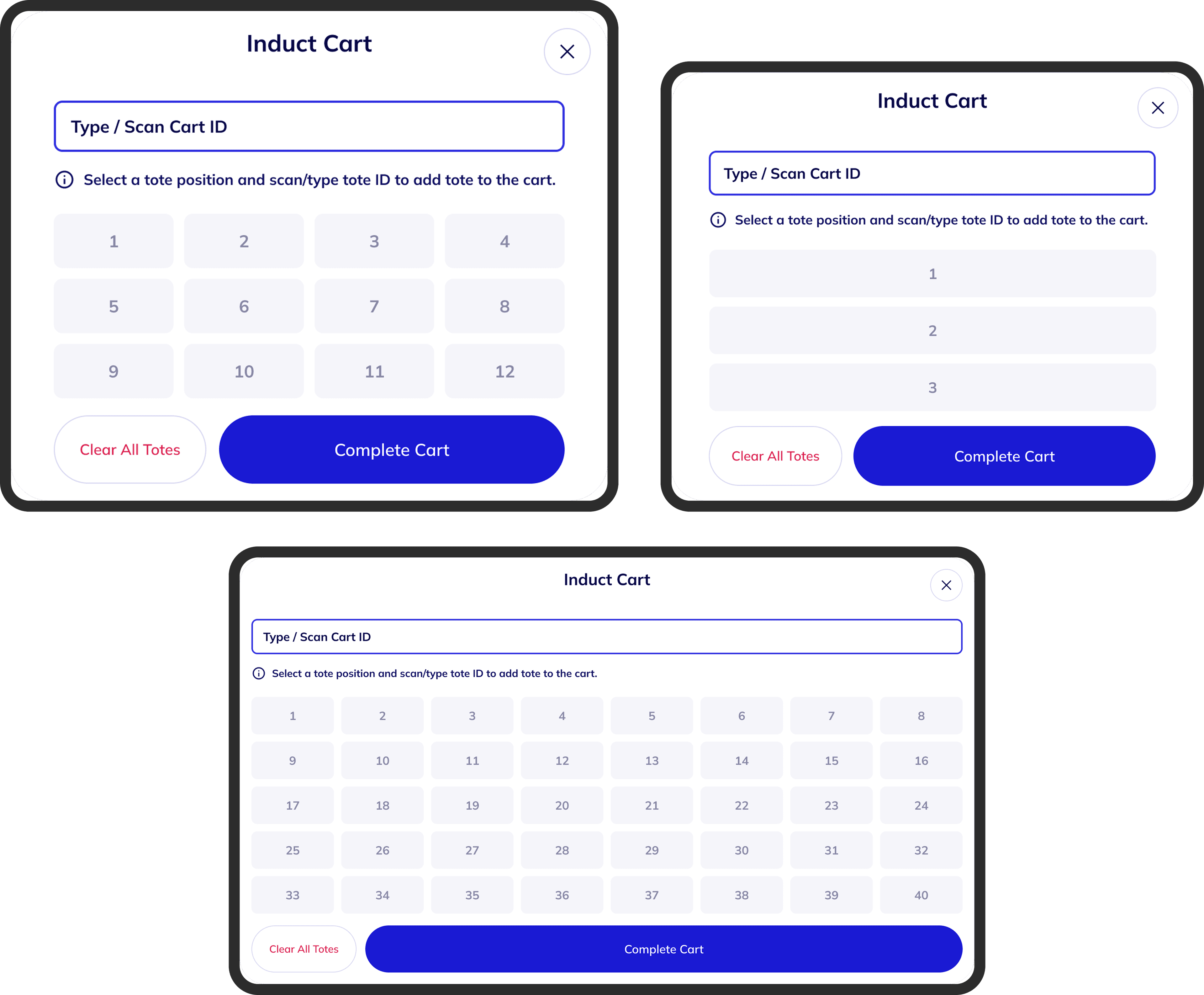 Three Induct Cart modal variations showing dynamic tote grid sizing: a 4-column grid, a single-column grid, and a full 8×5 grid
