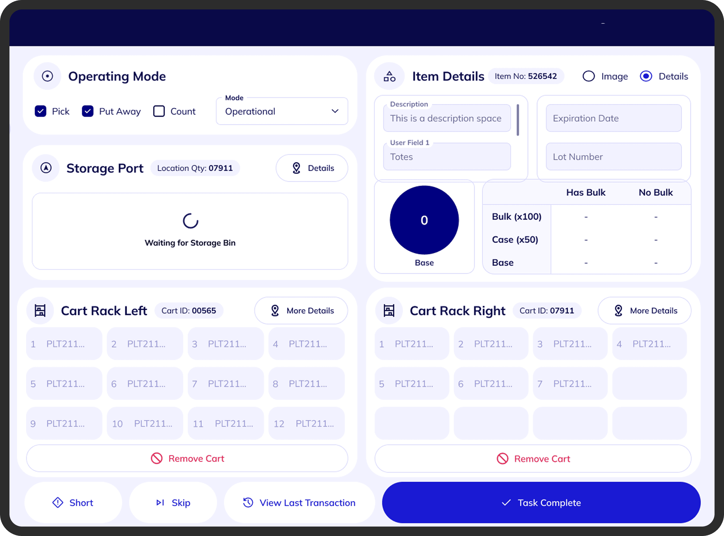 Workstation Interface showing Operating Mode, Item Details, and Cart Rack tote grids with Remove Cart and Task Complete actions